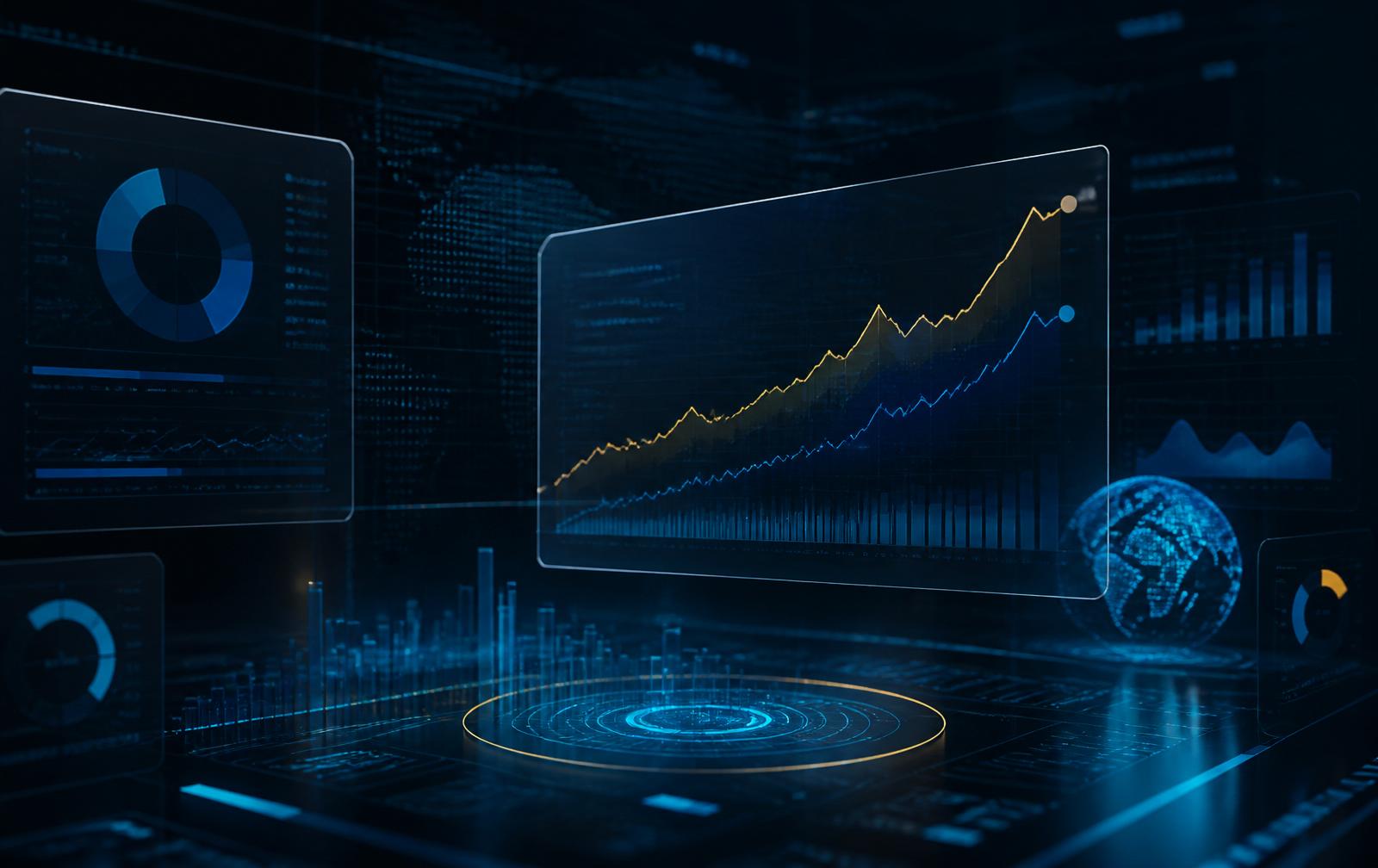 Wealth dashboard visualisation with net worth charts on dark glass panels
